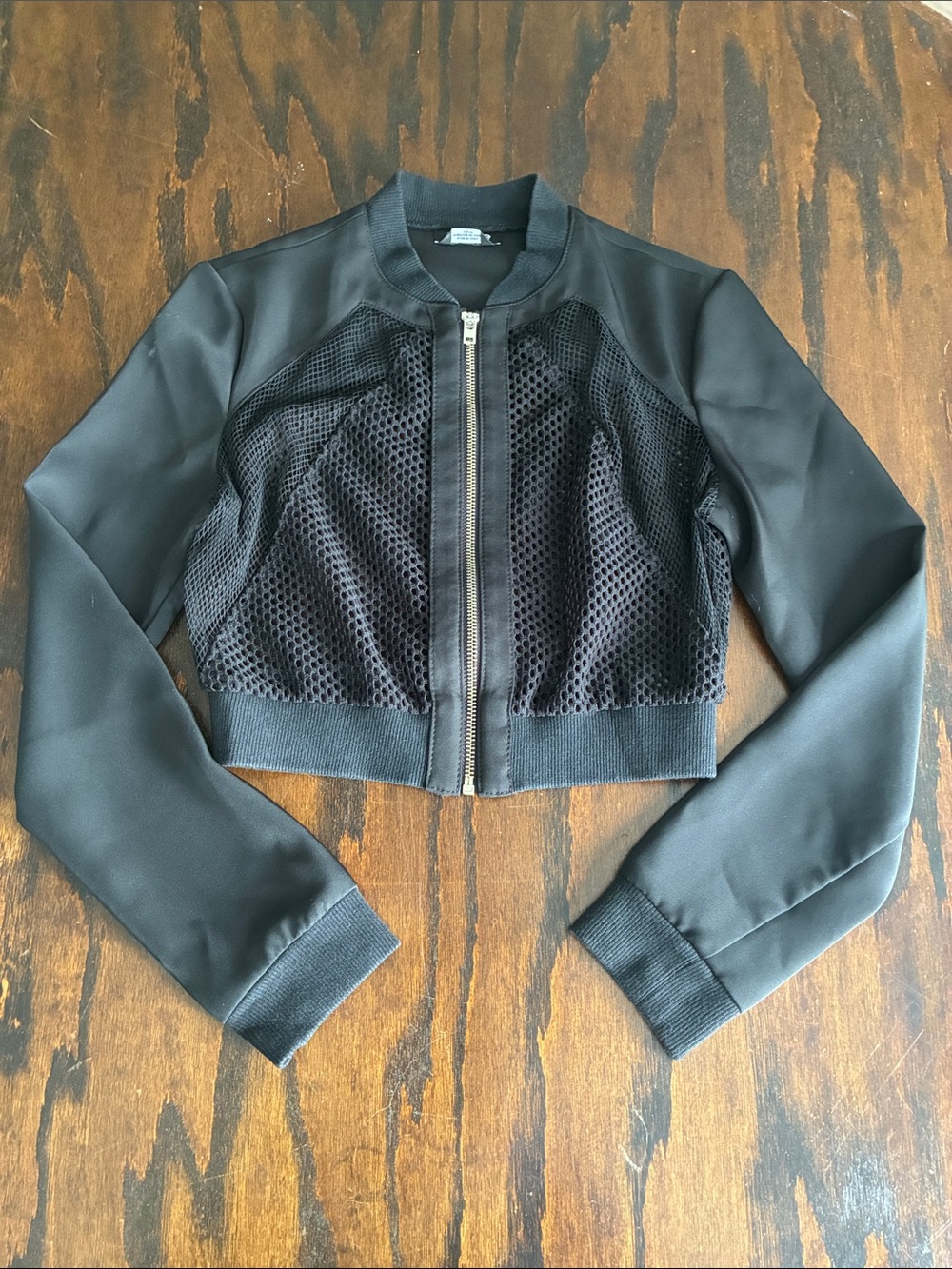 bebe Black Cropped Bomber Jacket with Mesh Panels